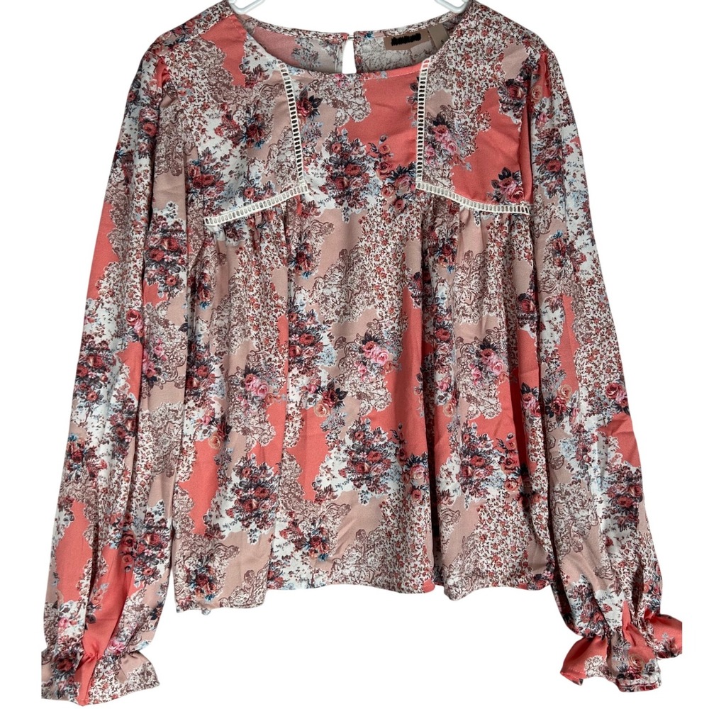 Willow Root Floral Print Long-Sleeved Blouse Elastic Ruffle Cuff Women's Small